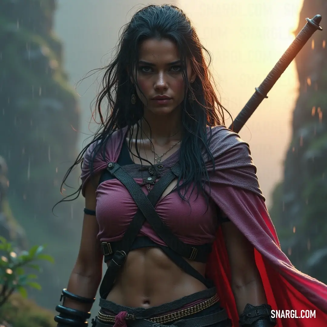 A fierce warrior in a striking red top raises her sword with determination, set against an eye-catching backdrop that enhances her powerful presence and readiness for battle. Clad in a vibrant red top, a bold warrior holds her sword high, radiating confidence and readiness, framed by a striking, dynamic background that amplifies her formidable spirit.