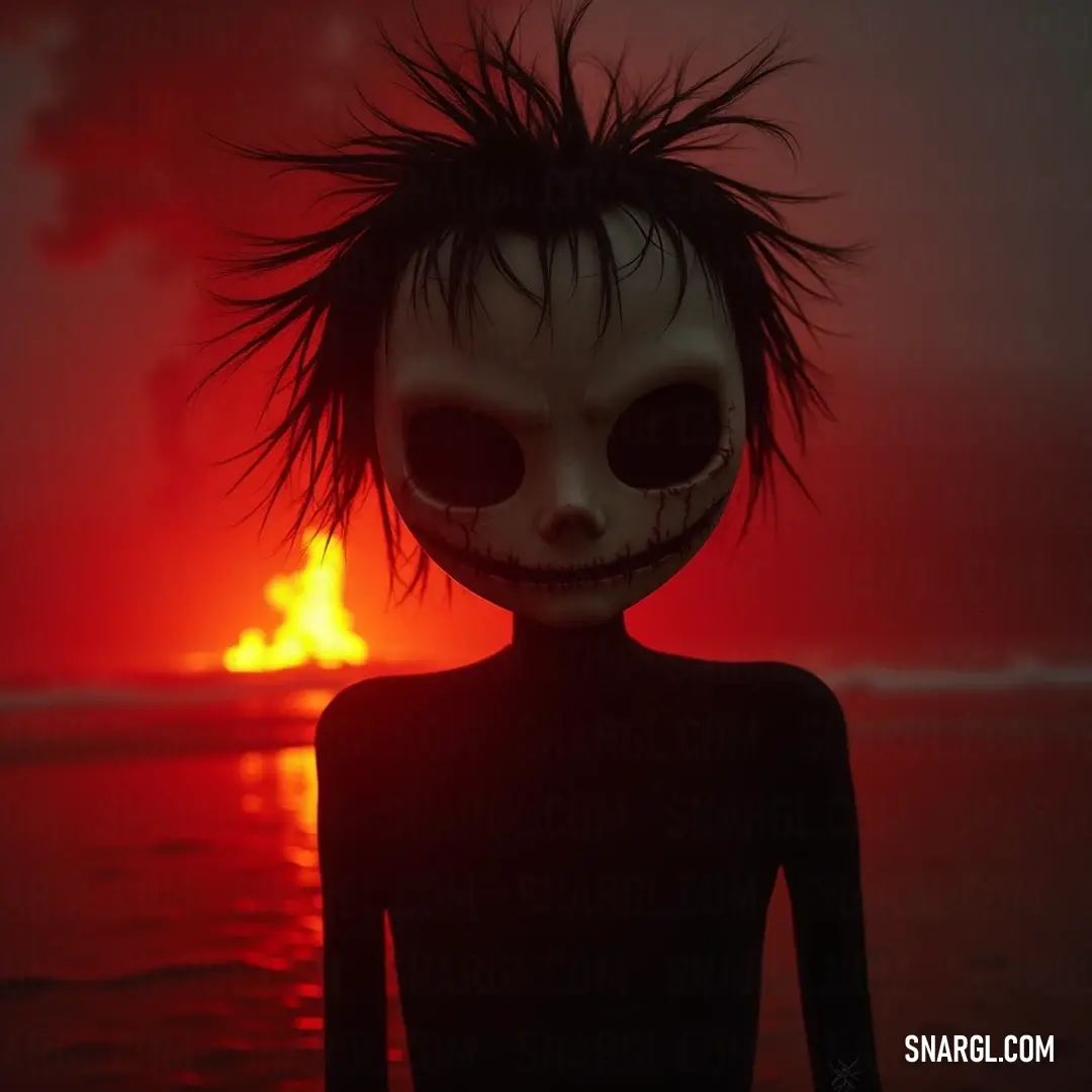 Caught between beauty and fear, this haunting doll looms against a vivid sunset, its unsettling visage capturing a sense of unease that contrasts sharply with the natural beauty of the surroundings. A chilling doll with an eerie expression stands starkly against a breathtaking sunset, the red hues shimmering over the water's surface, as an unsettling aura surrounds her.