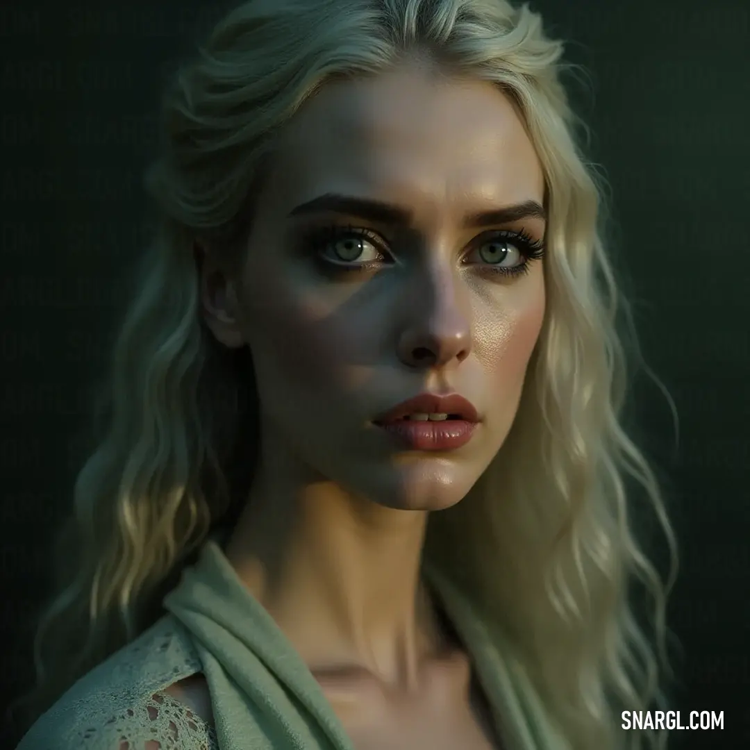 A striking portrayal of a woman with radiant blonde hair and blue eyes, adorned in a lush green robe and scarf, stands poised against a backdrop of vibrant colors, embodying both strength and elegance in a mystical realm.