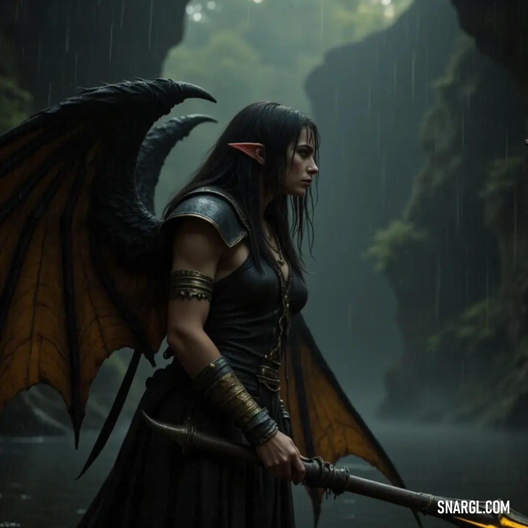A valiant figure with grand dragon-like wings stands triumphantly in a shadowy forest, wielding a sword while a majestic waterfall cascades behind, blending nature's beauty with her strength. A valiant figure with grand dragon-like wings stands triumphantly in a shadowy forest, wielding a sword while a majestic waterfall cascades behind, blending nature's beauty with her strength.