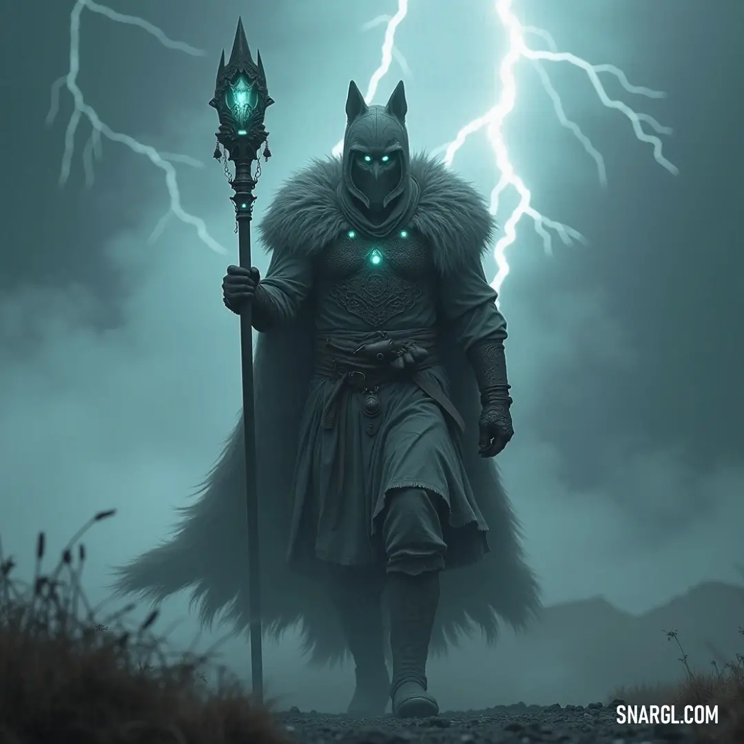 A bold figure brandishes a radiant saber, surrounded by a brilliant green glow and flashes of lightning, heightening the intensity of this breathtaking scene. An enigmatic warrior adorned in a stunning costume holds a luminous saber aloft, green light shimmering above as streaks of lightning illuminate the background, portraying a moment charged with powerful energy.