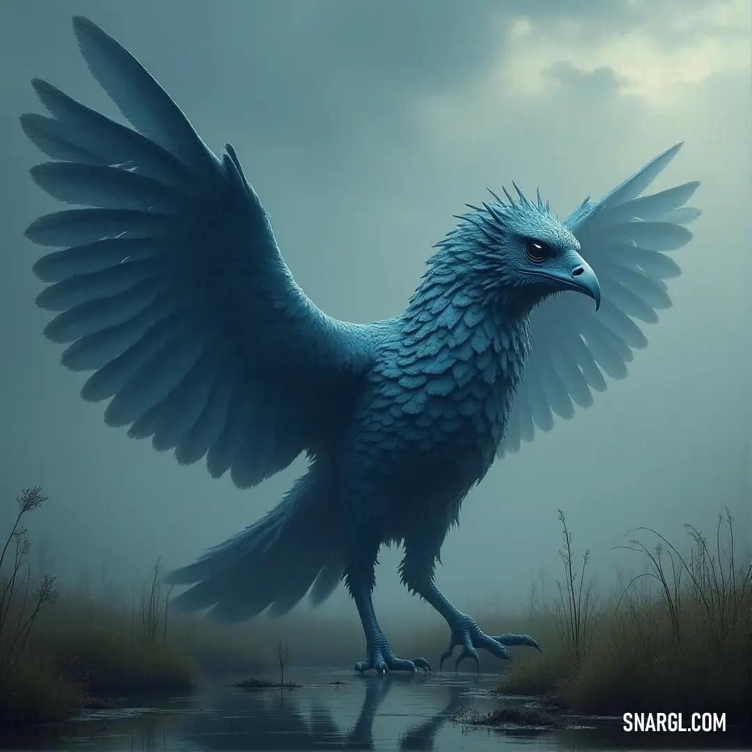 The Blue Cloudbreaker, with its wings spread and feet in the wet marsh, stands tall amidst water and grass, as nature embraces its majestic form. A Blue Cloudbreaker, with wings spread wide, stands in a marshy area, its feet submerged in the soft, wet ground. Surrounded by water and tall grass, the creature stands proudly in its natural, untamed habitat.