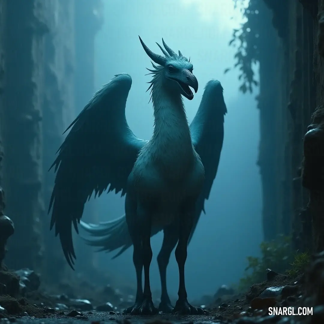 A massive Large Cloudclaw surveys a misty forest with long wings spread wide, creating a striking silhouette against the ethereal landscape. A massive Large Cloudclaw surveys a misty forest, its long wings spread wide amidst the calming fog. The rugged terrain below highlights the majestic presence of this creature, creating a harmonious blend with the enchanting environment.