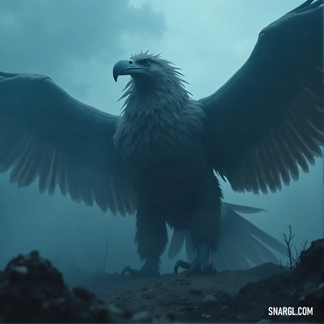 A Cloudfeather stands proudly on a foggy hill, wings spread, holding its prey in its powerful claws, an image of strength and grace. A grand Cloudfeather, its wings spread wide against the backdrop of a foggy sky, stands tall on a hill. In its claws, it grasps a prey, its majestic form accentuating the ethereal atmosphere of the mist surrounding it.