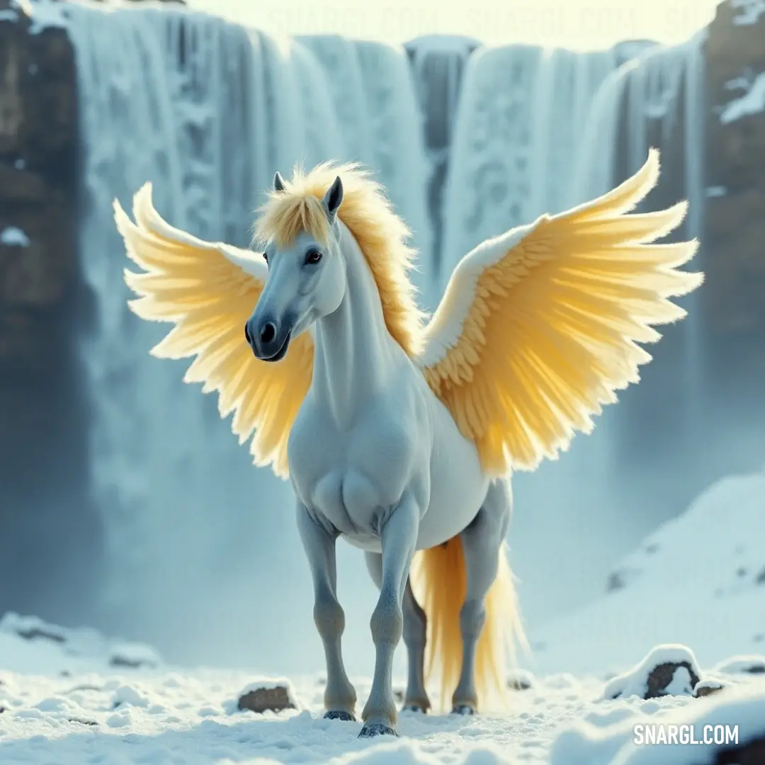 A stunning White Cloudfire with vibrant yellow wings stands gracefully in front of a magnificent waterfall cascading into a serene landscape, its presence harmonizing beautifully with the surrounding snow-covered terrain.