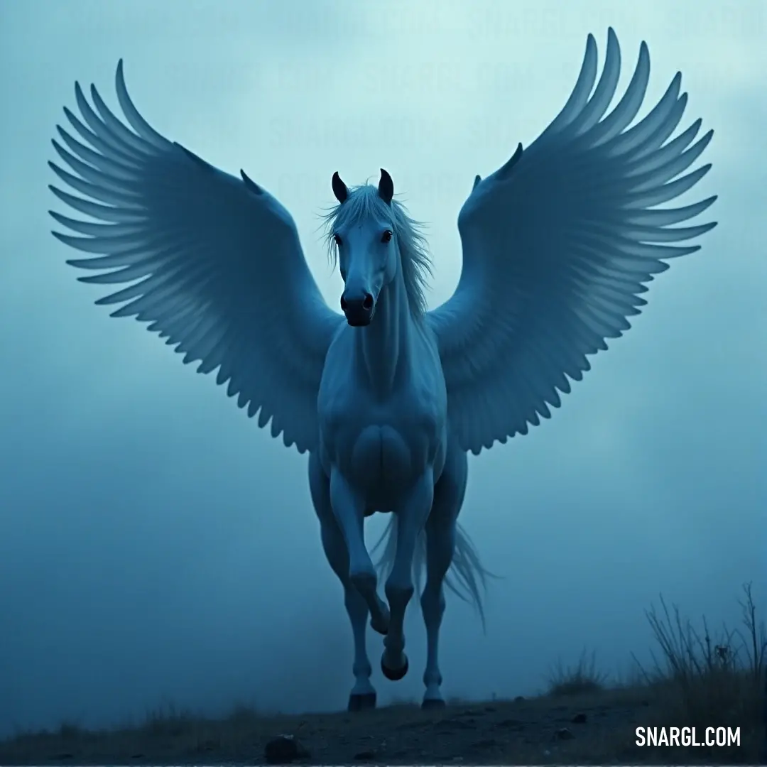 White Cloudfire with wings steps gently through the fog-covered hill, its presence a calm beacon against the mysterious blue background. White Cloudfire with wings walks steadily through a foggy hilltop, the soft mist swirling around its figure. The cool blue sky and ethereal fog create an atmosphere of tranquility and mystery, highlighting the creature’s graceful movement.