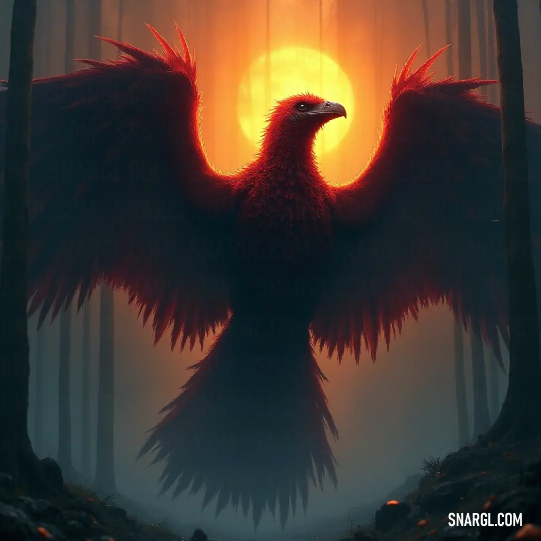 A striking Cloudrunner, with expansive wings, stands serenely among the towering trees at sunset, the sun's soft glow framing its silhouette in a captivating scene filled with vibrant colors and whispers of the evening breeze.