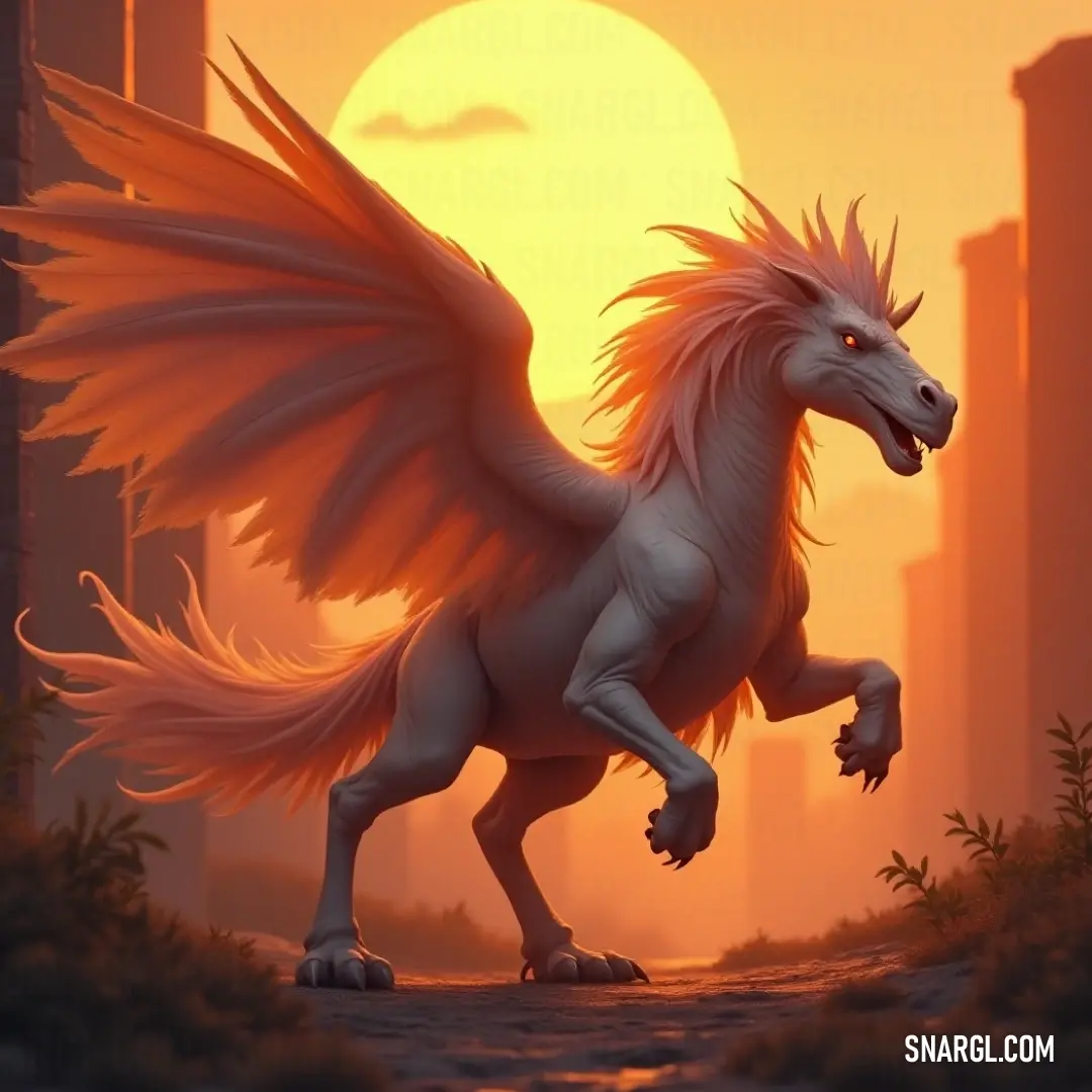 A White Cloudrunner strolls through a vibrant city at sunset, its wings glowing as the colors of the sky shift from warm gold to deep purple, creating a stunning contrast against the urban landscape. The White Cloudrunner, with wings that shimmer like the sunset, walks gracefully through a tranquil cityscape at dusk, the colors of the sky painting the world in hues of gold and purple.