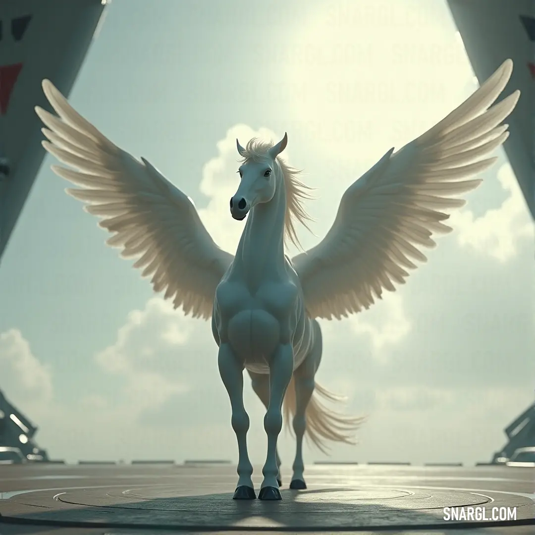 The White Cloudstrike, wings spread gracefully, stands in a room with a breathtaking sky visible through large windows. Its silhouette is framed by the vast expanse of clouds and light, creating a sense of freedom and wonder.