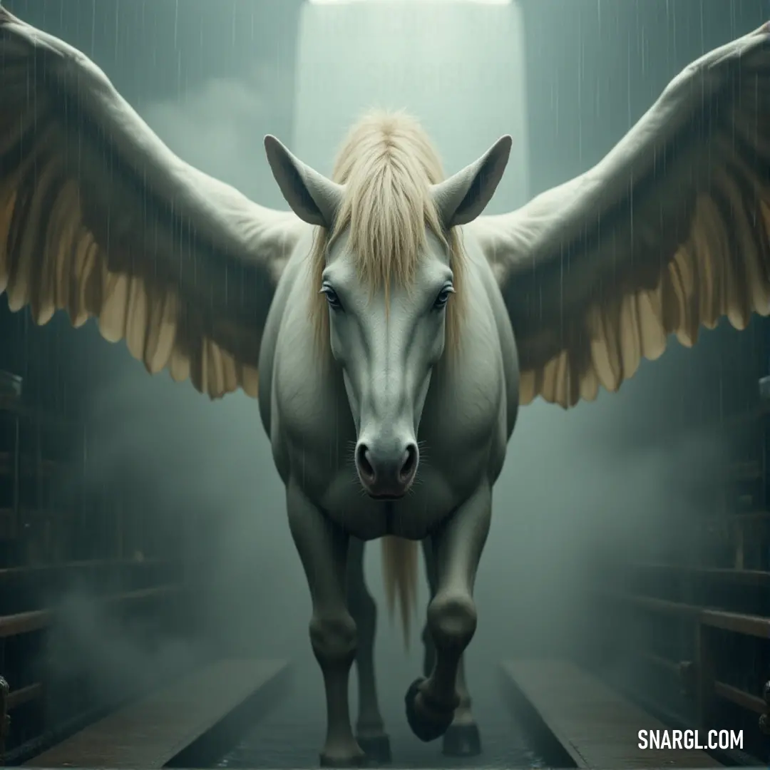 White Cloudstrike with wings on its back strides confidently through a dimly lit hallway, bathed in a soft, ambient light that highlights its graceful form. A White Cloudstrike, with striking wings, walks with purpose down a dimly lit hallway. Soft light shines from above, casting shadows on its sleek body and creating an almost ethereal ambiance in the otherwise still, ancient structure.