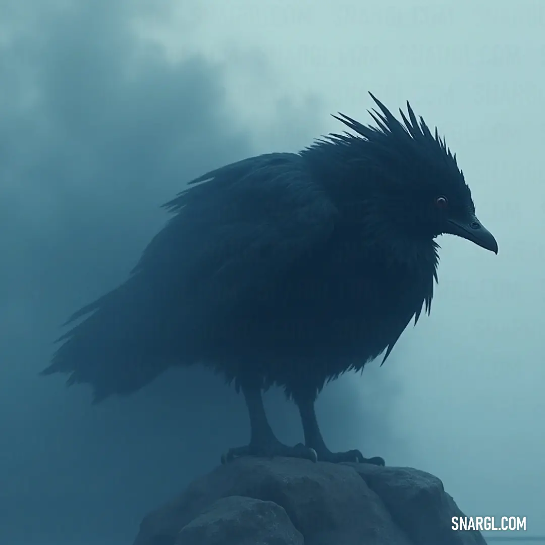 A solitary Black Cloudstrike on a rock in a misty environment, showcasing its unique features as another joins it. Amidst a foggy sky, a black Cloudstrike stands solemnly on a rugged rock, its long beak poised, while another smaller Cloudstrike appears to keep watch nearby.