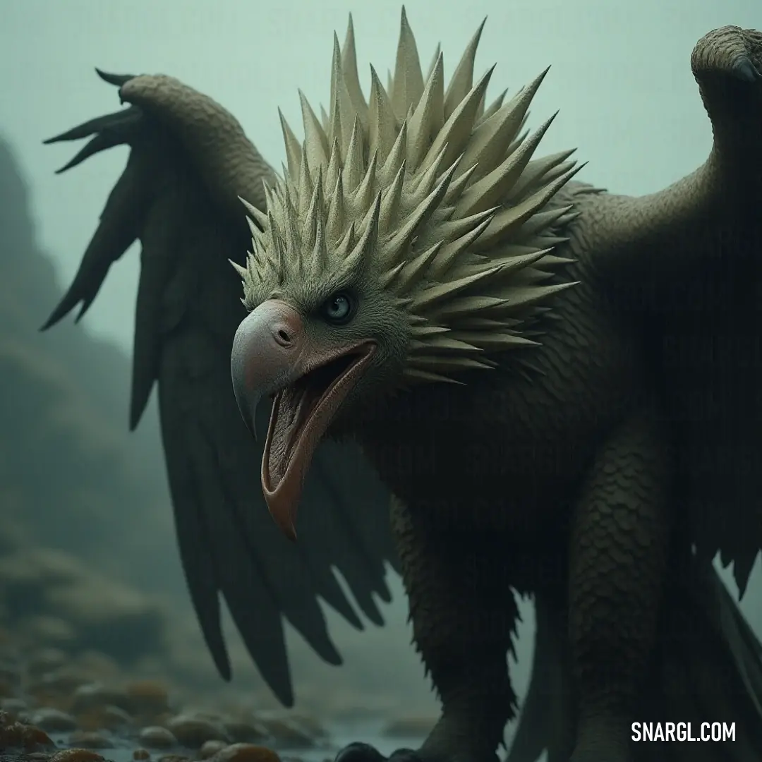 A remarkable Cloudstrike showcasing its lengthy beak and spiked features, poised majestically amid a lively natural environment. An imposing Cloudstrike with an extraordinary long beak and striking spikes adorning its head and wings, exuding a wild charm against a backdrop of nature's splendor.