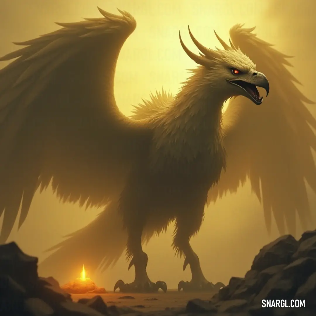 A large Cloudstrike with wide wings stands on a rocky outcrop, set against a dramatic yellow sky with a distant glowing light. A towering Cloudstrike with expansive wings stands on a rocky ledge, bathed in the glow of a distant yellow light. The bright yellow sky behind the creature contrasts with the rugged terrain, creating an intense, surreal atmosphere.