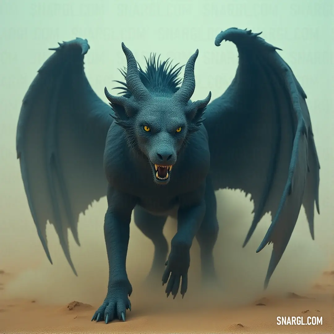 The Blue Cloudwing, with vibrant yellow eyes and towering wings, stands boldly on the sandy dunes, a creature of the wild desert, calling out to the horizon. A Blue Cloudwing with striking yellow eyes and enormous wings stands on the sand, its beak slightly open as if calling to the winds. The vast desert stretches behind it under a clear, expansive sky.
