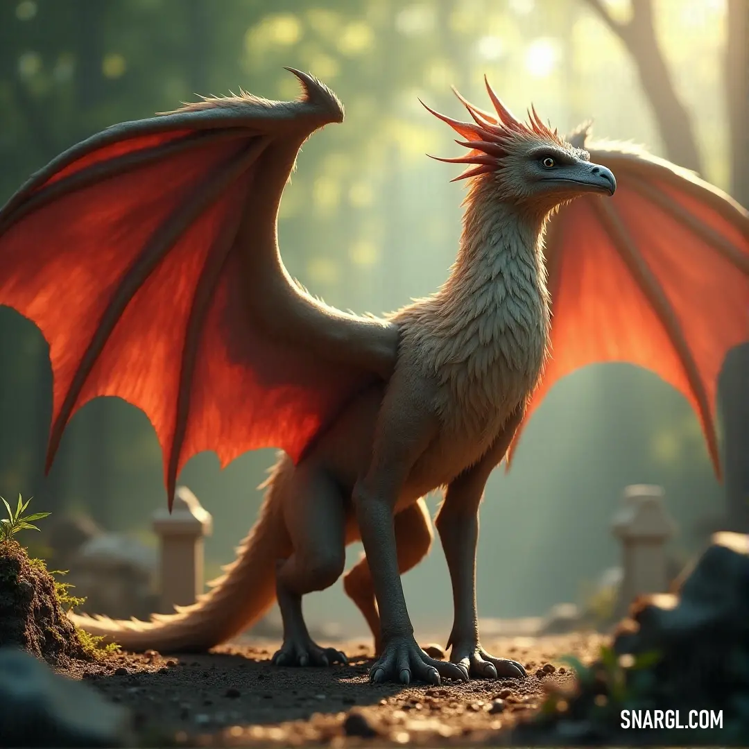 A Red Cloudwing with expansive wings stands in a forest on a dirt path, with a mysterious cemetery looming in the distance, adding a touch of suspense and intrigue. A majestic Red Cloudwing, its large wings spread wide, stands proudly on the dirt ground of a dense forest. In the background, an eerie cemetery with ancient gravestones adds an atmosphere of mystery to the scene.