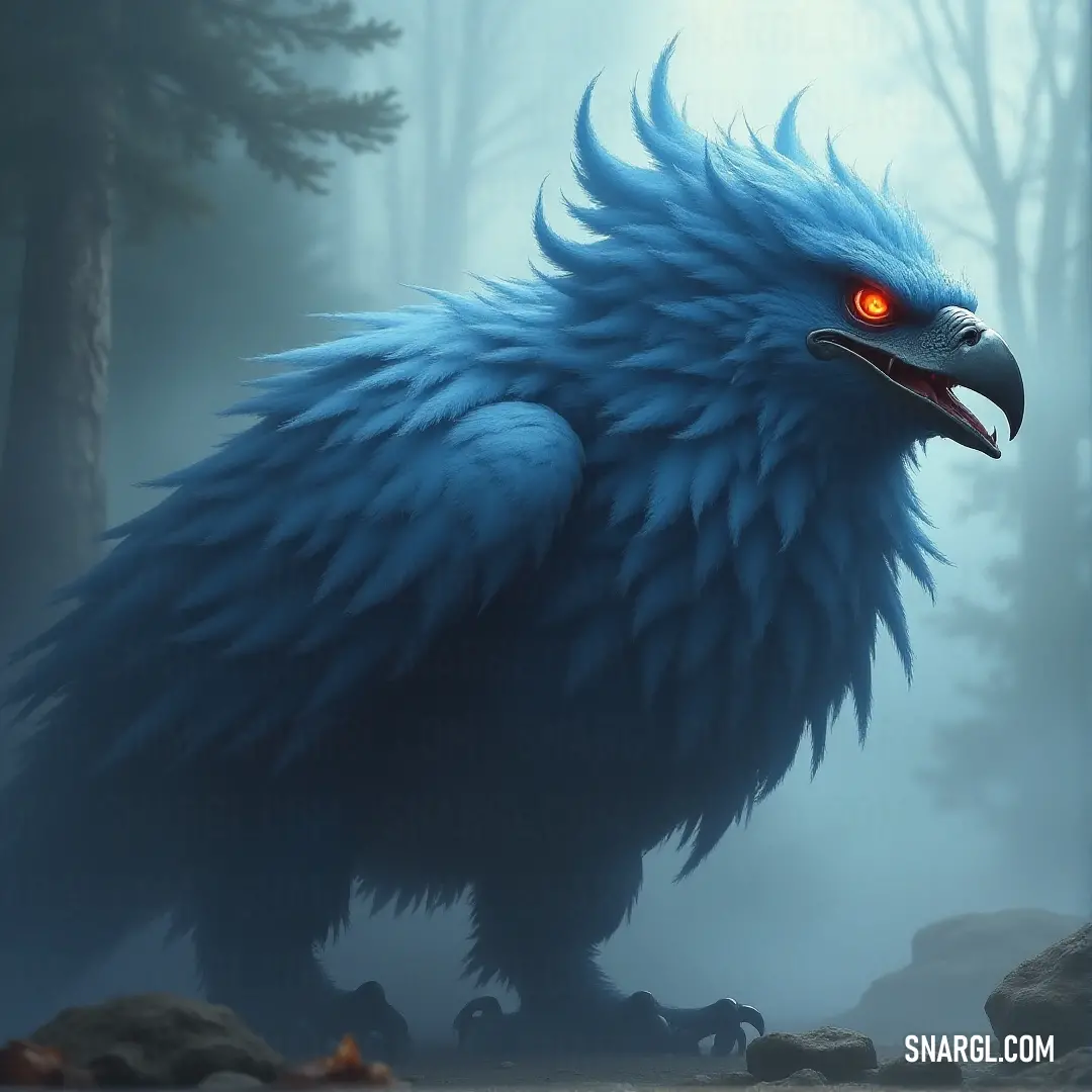 A vivid Blue Cloudwing with glowing red eyes and a long tail, perched in a forest with rocks and trees framing its graceful figure. A striking Blue Cloudwing with piercing red eyes and a long flowing tail, standing amidst towering trees in a forest. Its vibrant colors contrast against the natural surroundings, giving it an otherworldly presence.