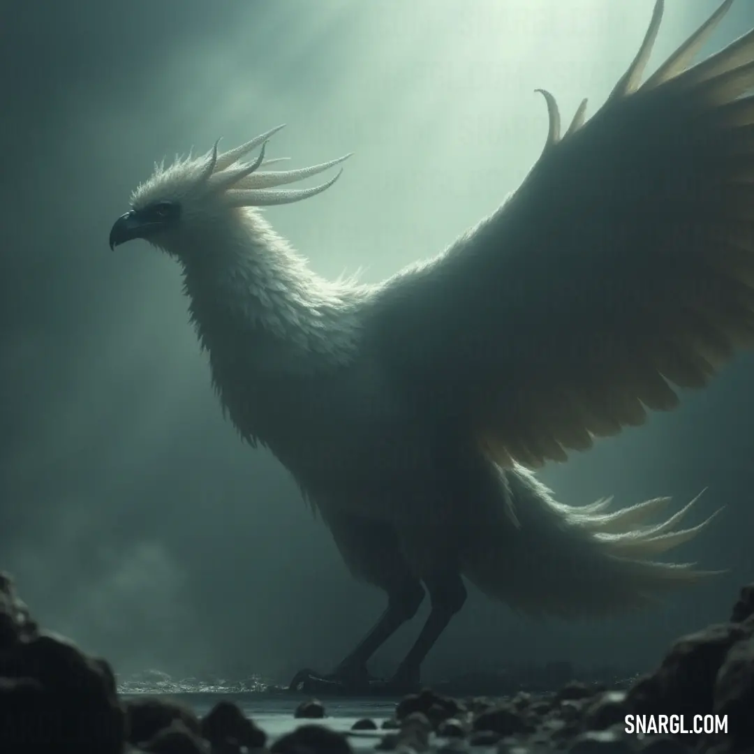 A White Cloudwing stands tall on rocky terrain, bathed in light from a brilliant source behind, its wings poised for flight under the darkening sky. A White Cloudwing with large, majestic wings, standing on jagged rocks against a dark sky, illuminated by a brilliant light that casts an ethereal glow around it.