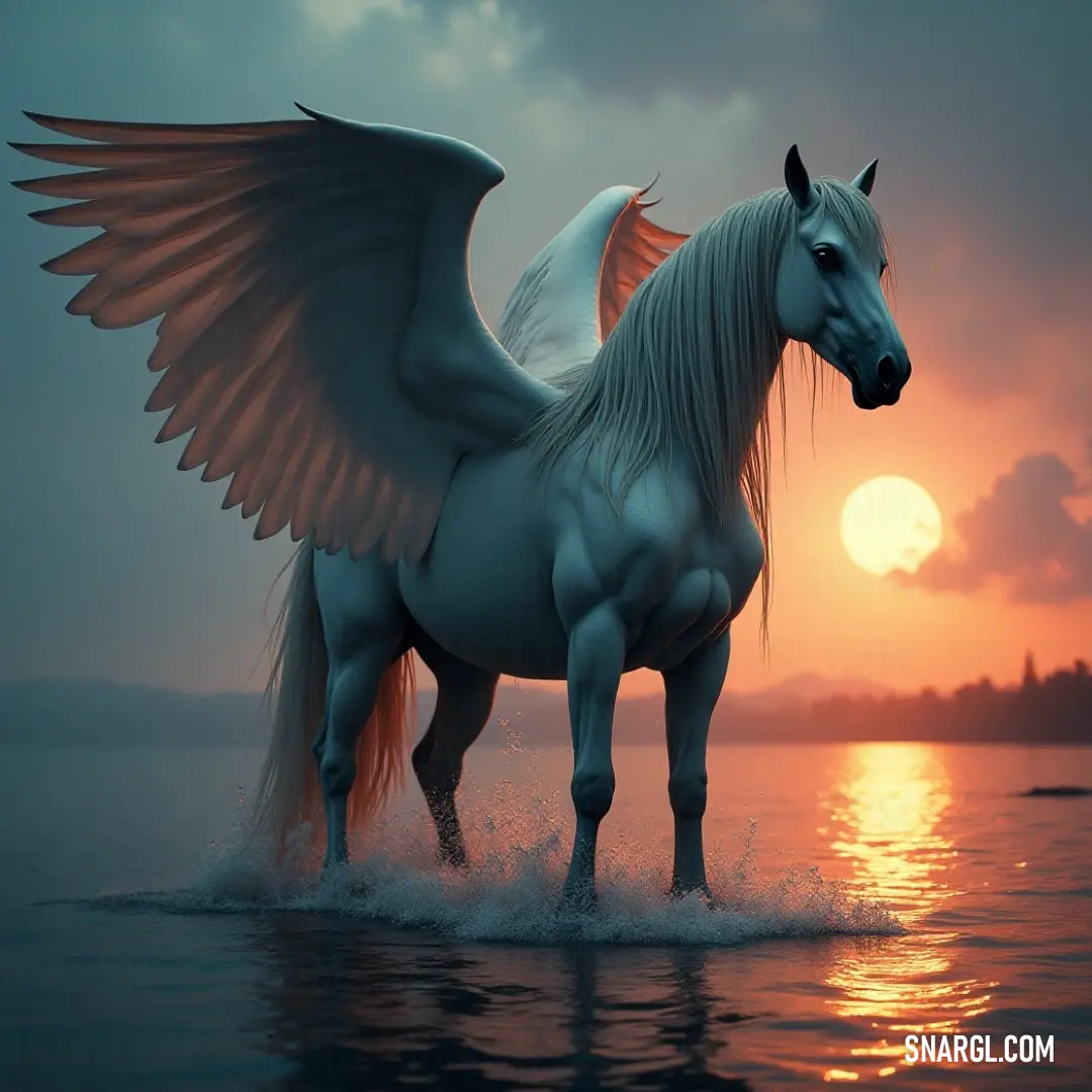 A White Cloudwing stands still in the water, bathed in the golden glow of a sunset. The wings shimmer as the last rays of light stretch across the peaceful landscape. A serene White Cloudwing stands gracefully in the tranquil waters at sunset, its wings reflecting the soft hues of the fading light. The sky glows with warm tones as the peaceful setting creates a sense of calm and beauty.