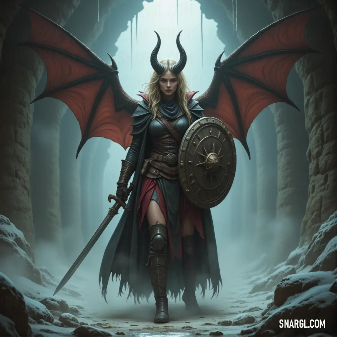 Clytemnestra, armed with sword and shield, stands bravely within a dark, cavernous space, her dragon companion adding an intimidating presence as she prepares for whatever lies ahead. Clytemnestra, draped in battle armor, grips her sword tightly while holding a shield, standing in a dark cave. A fierce dragon curls around her, lending her strength as the shadows of the cave loom over her in a moment of ominous quiet.