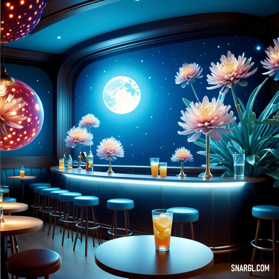 Bar with a lot of flowers on the bar counter and a full moon in the background. Example of #0047AB color.