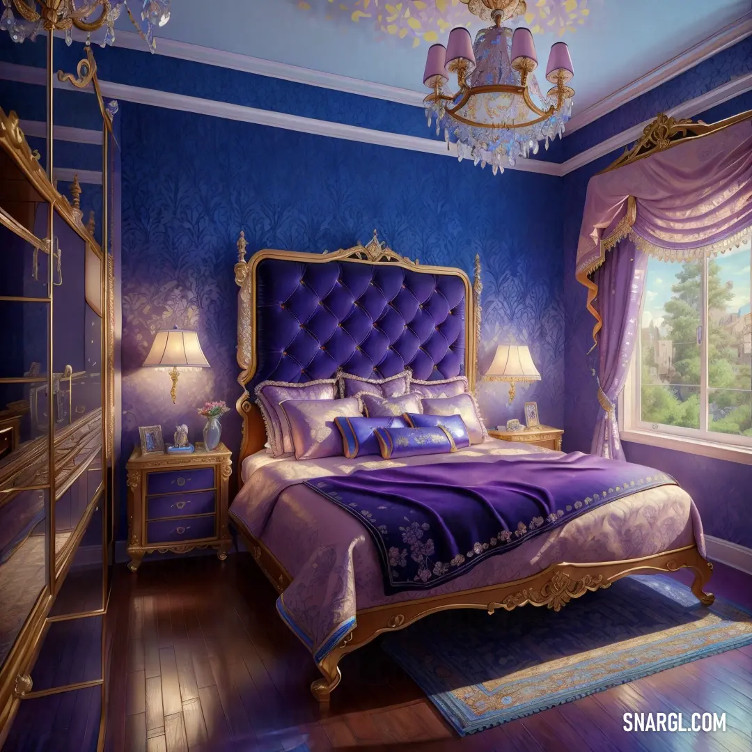 Bedroom with a purple bed and a chandelier hanging from the ceiling and a purple rug on the floor