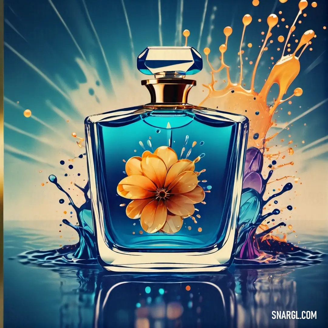 Blue bottle with a flower on it and splashing water around it and a blue background with a blue sky
