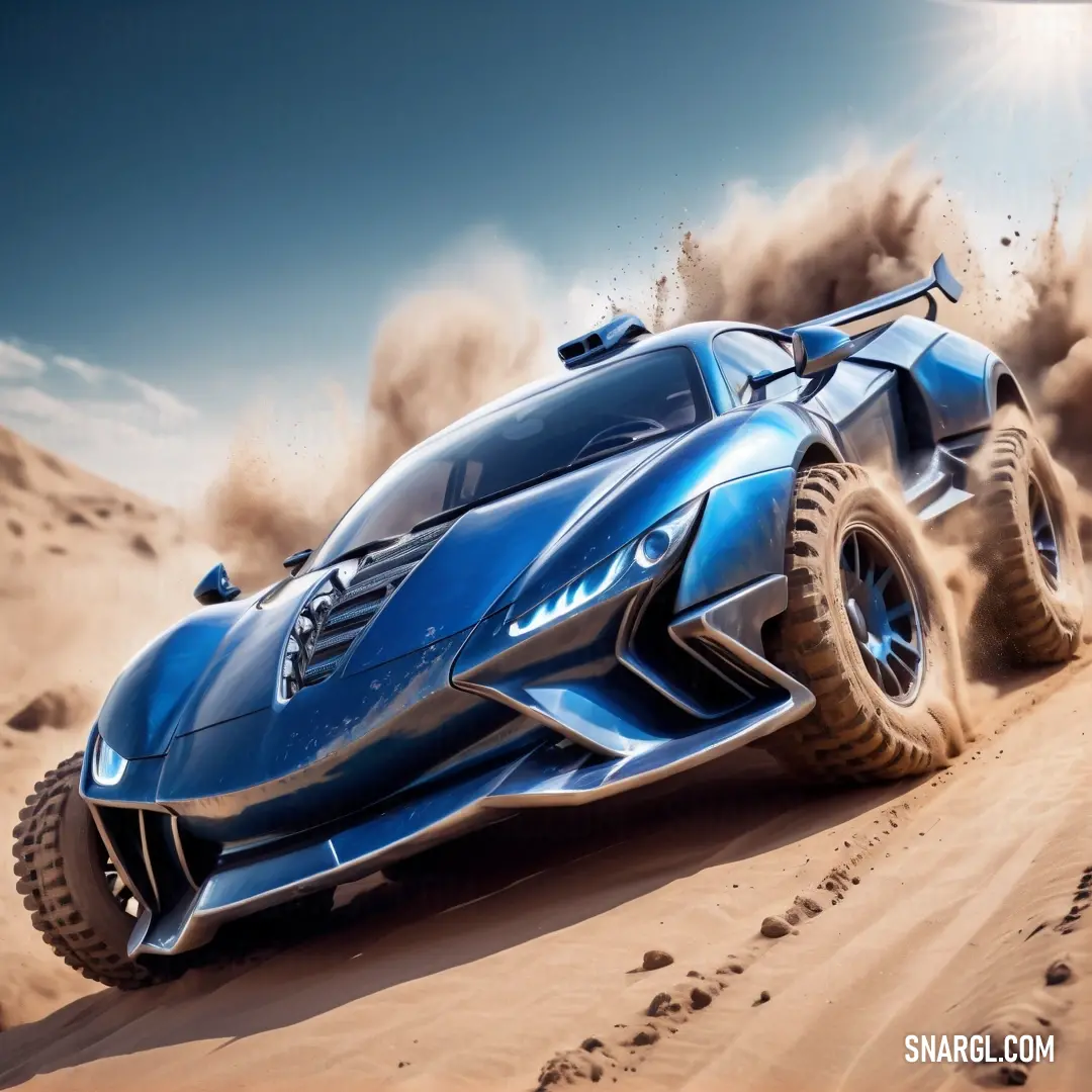 Blue car driving through a desert with dust coming out of it's tires and wheels and wheels. Color RGB 0,71,171.