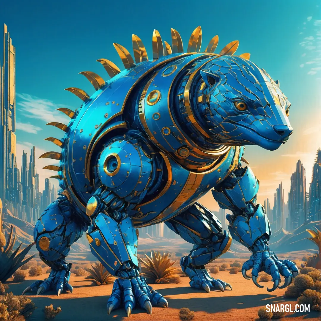 Blue robot dog in a desert setting with a city in the background. Example of #0047AB color.