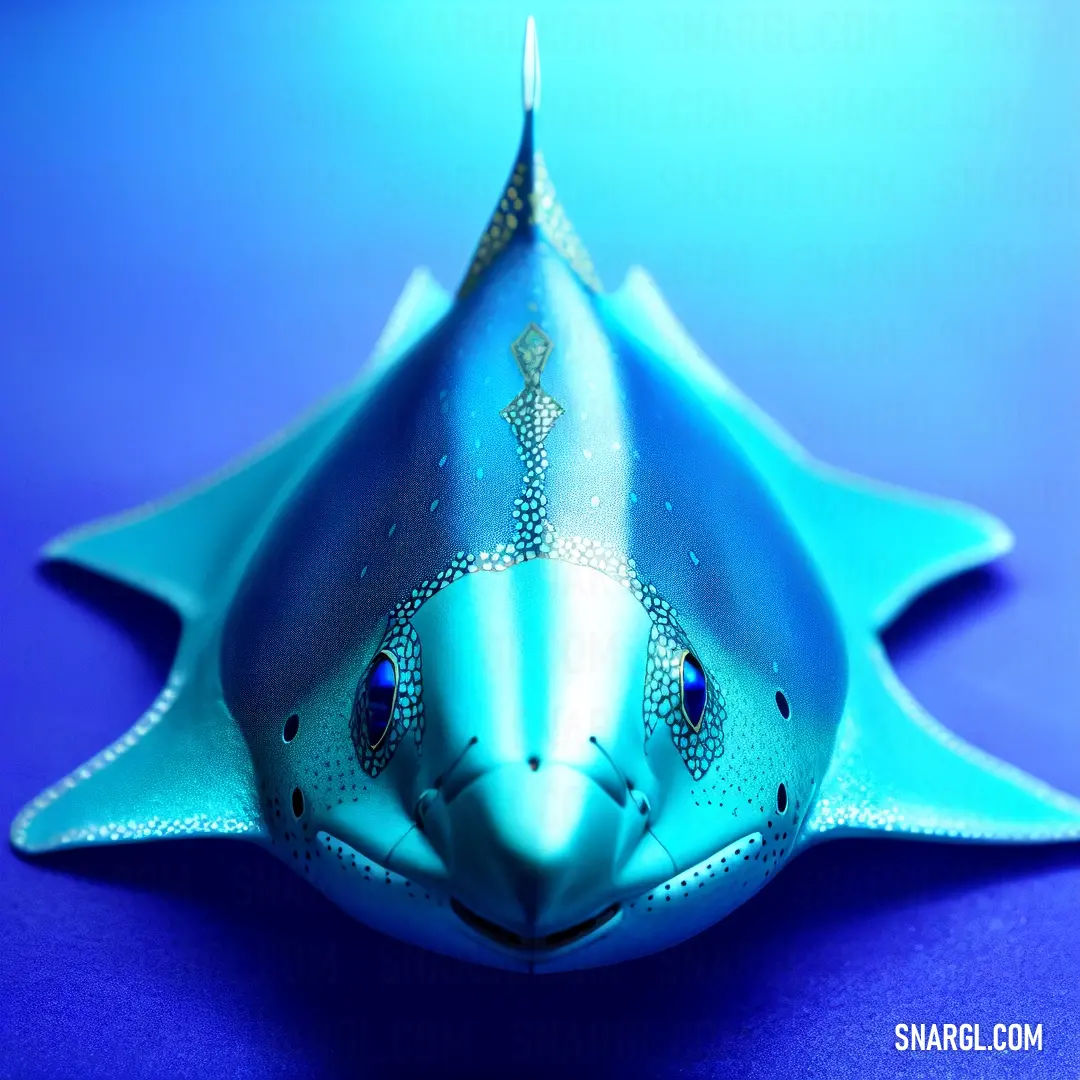 Blue sculpture of a fish with a smile on its face and eyes