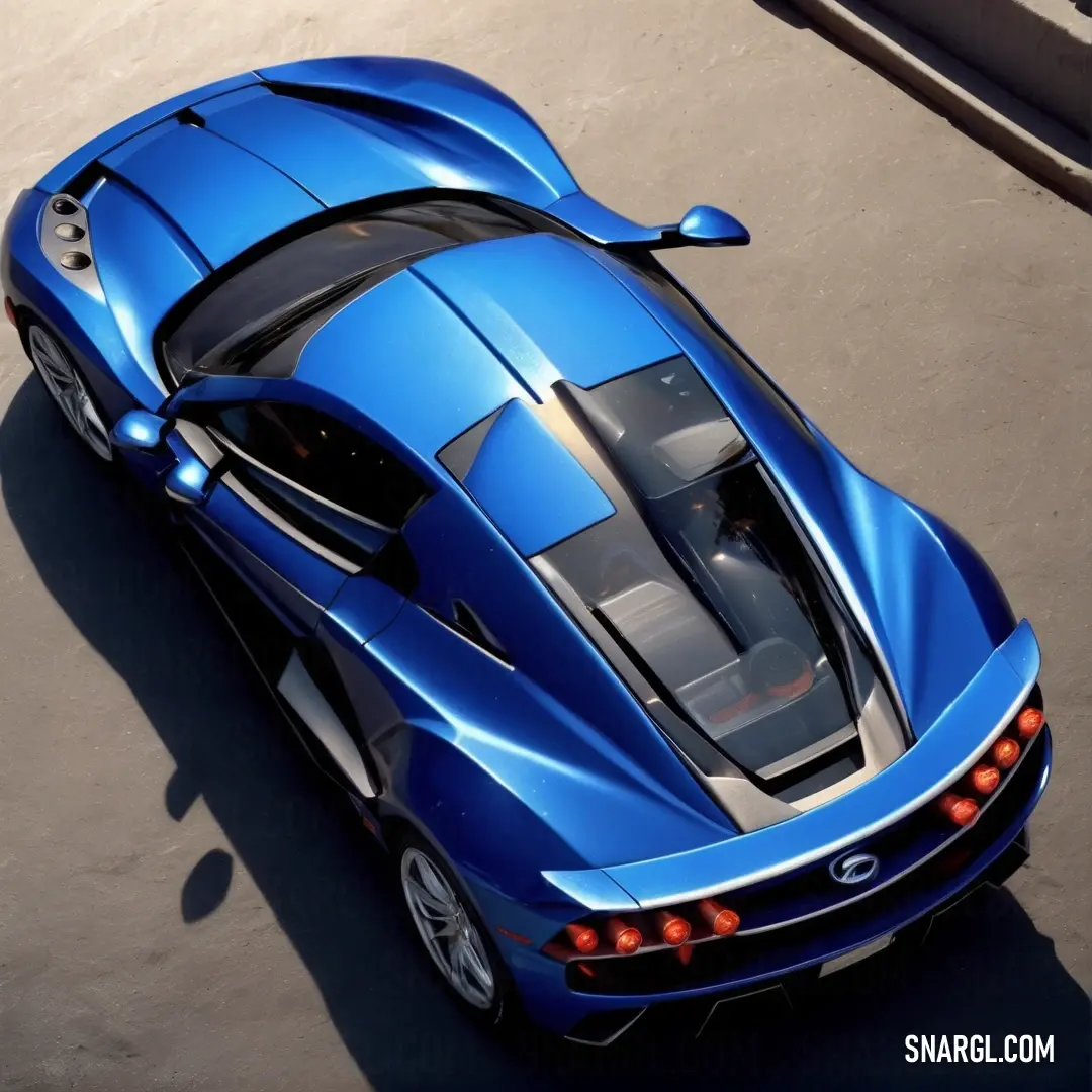 Blue sports car is parked in a parking lot with its hood up and the top down and the hood down. Color RGB 0,71,171.