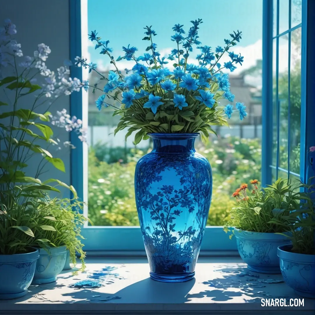 Blue vase with blue flowers in it on a window sill next to a window sill. Color #0047AB.