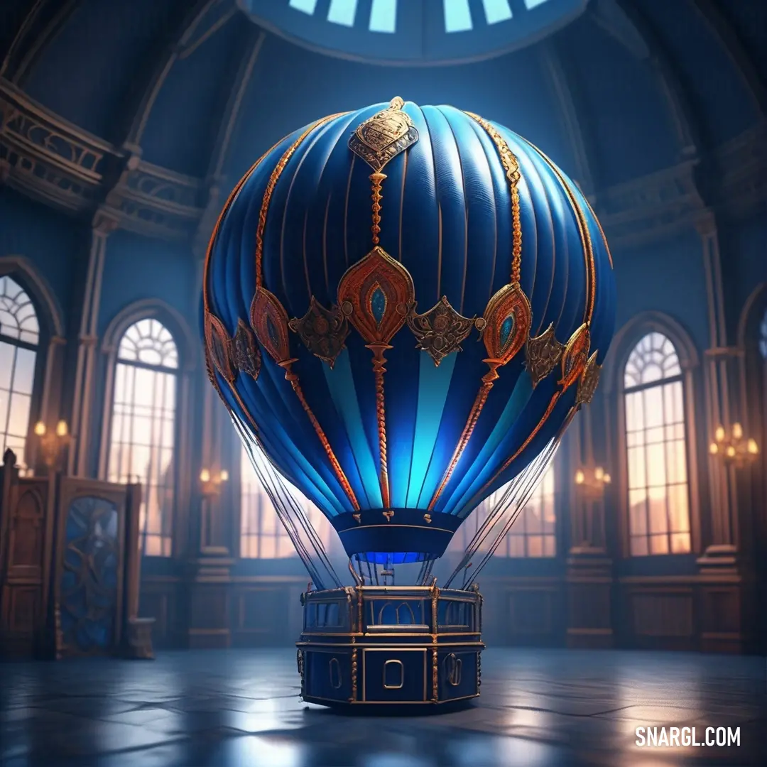 Blue hot air balloon in a large room with windows and a clock on the wall above it. Example of #0047AB color.