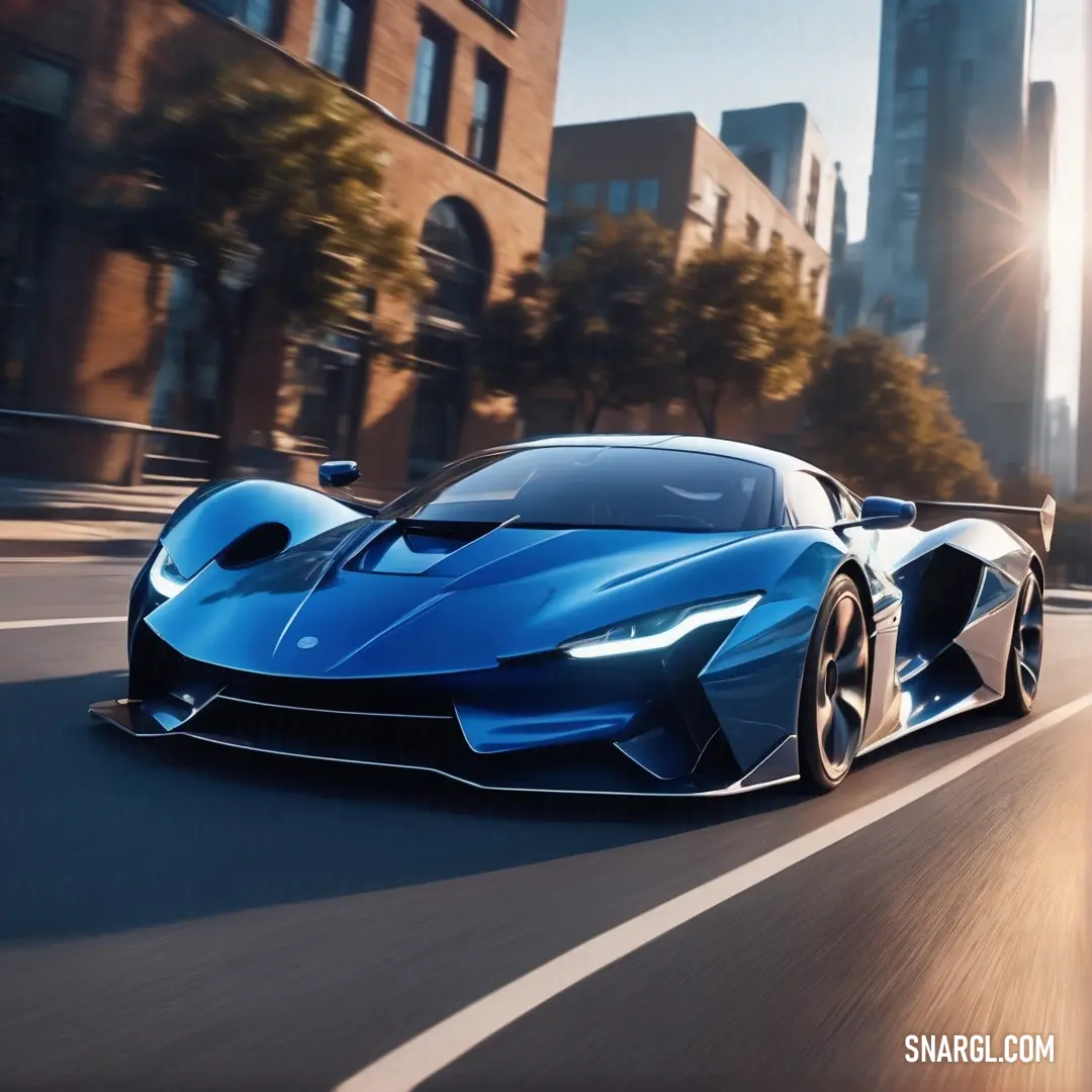 Blue sports car driving down a city street in front of tall buildings and tall buildings with a bright sun shining on the top