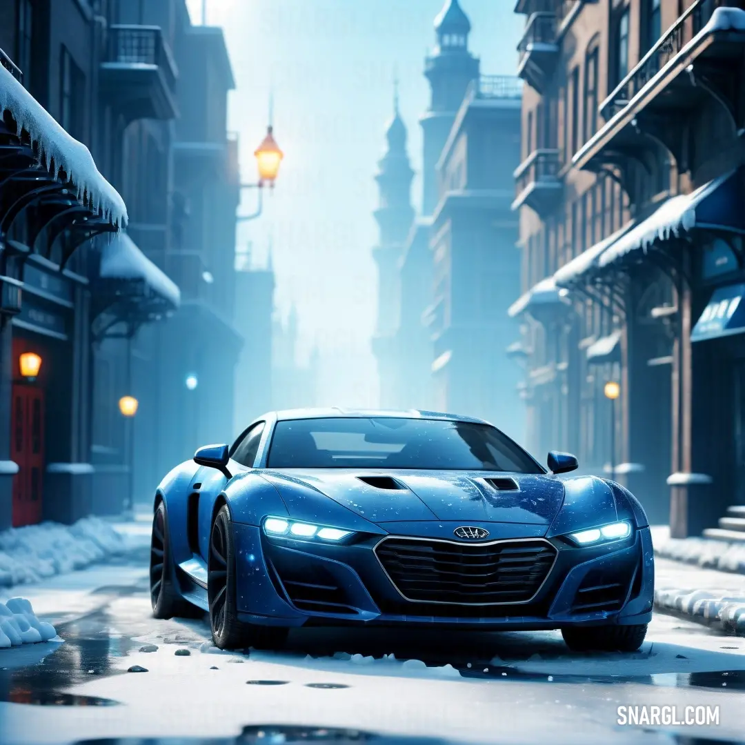 Blue sports car driving down a snowy street in a city at night time. Example of RGB 0,71,171 color.