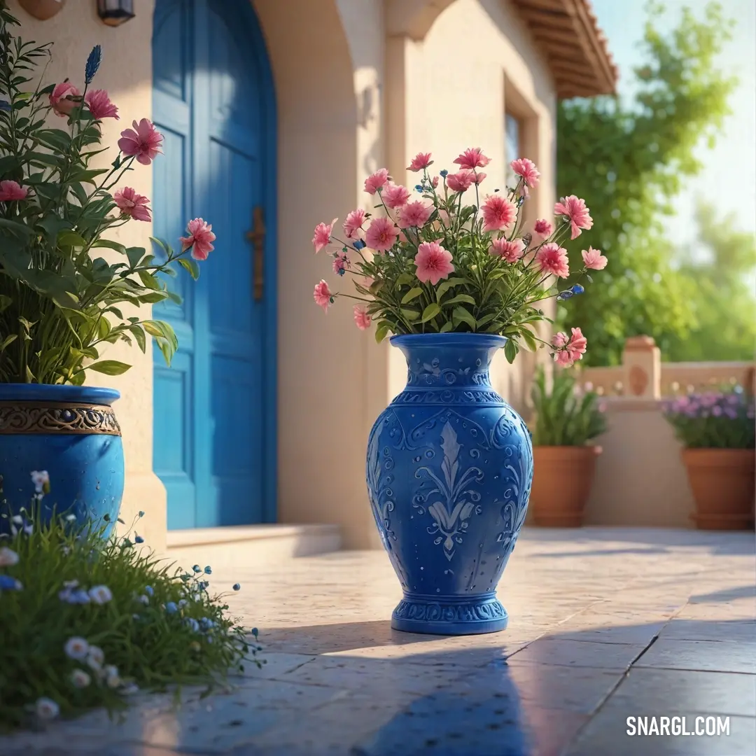 Cobalt color example: Blue vase with pink flowers in it on a patio next to a blue door
