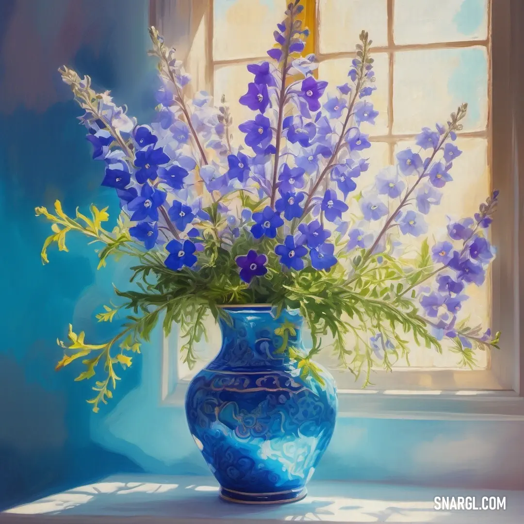 Painting of a blue vase with purple flowers in it on a window sill. Color #0047AB.