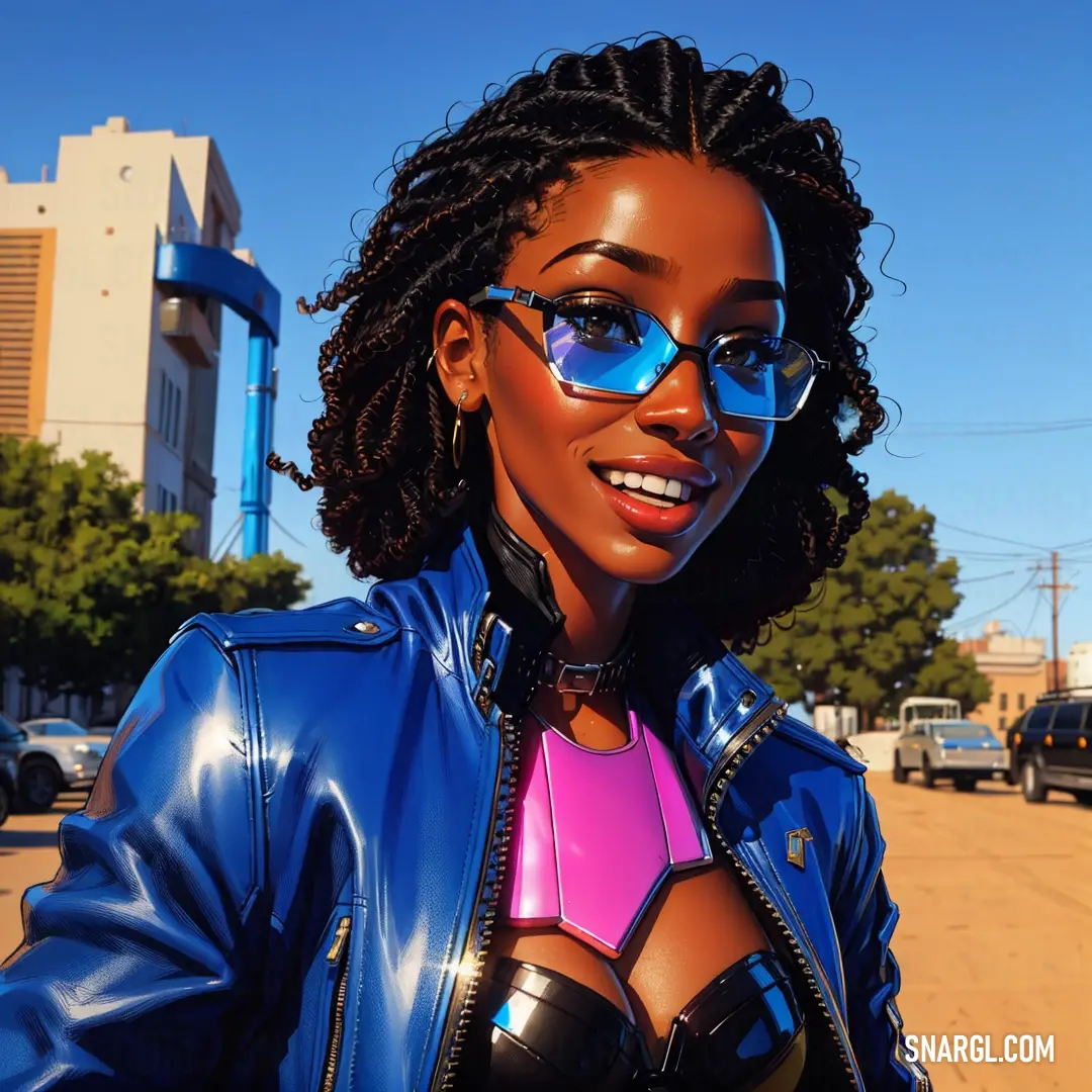 Cobalt color. Woman in a blue leather jacket and sunglasses on a street corner with a building in the background