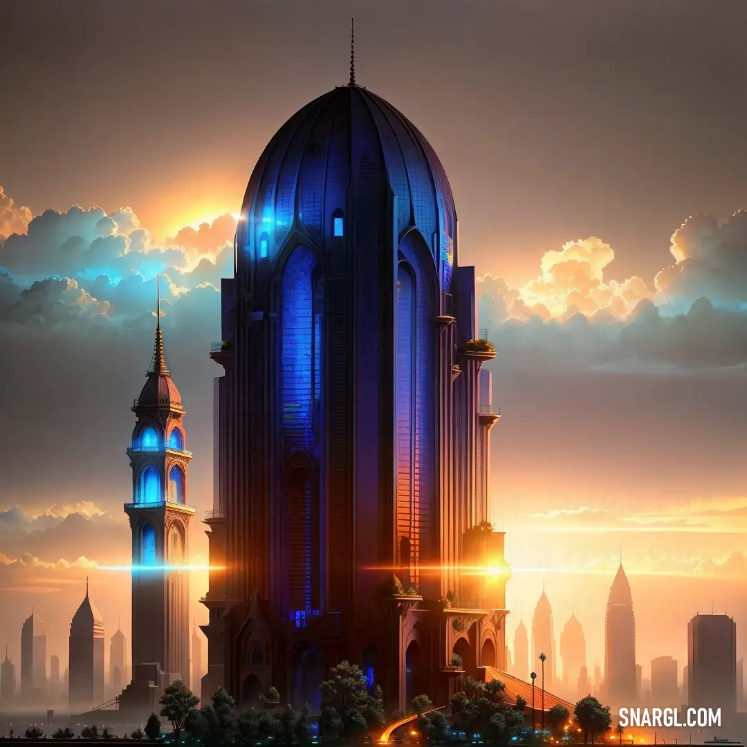 Futuristic city with a futuristic building and a sky background with clouds and sun rays shining through the clouds