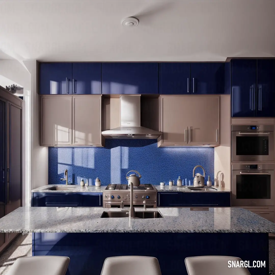 Kitchen with a blue counter top and a stove top oven and microwave oven and chairs in front of it