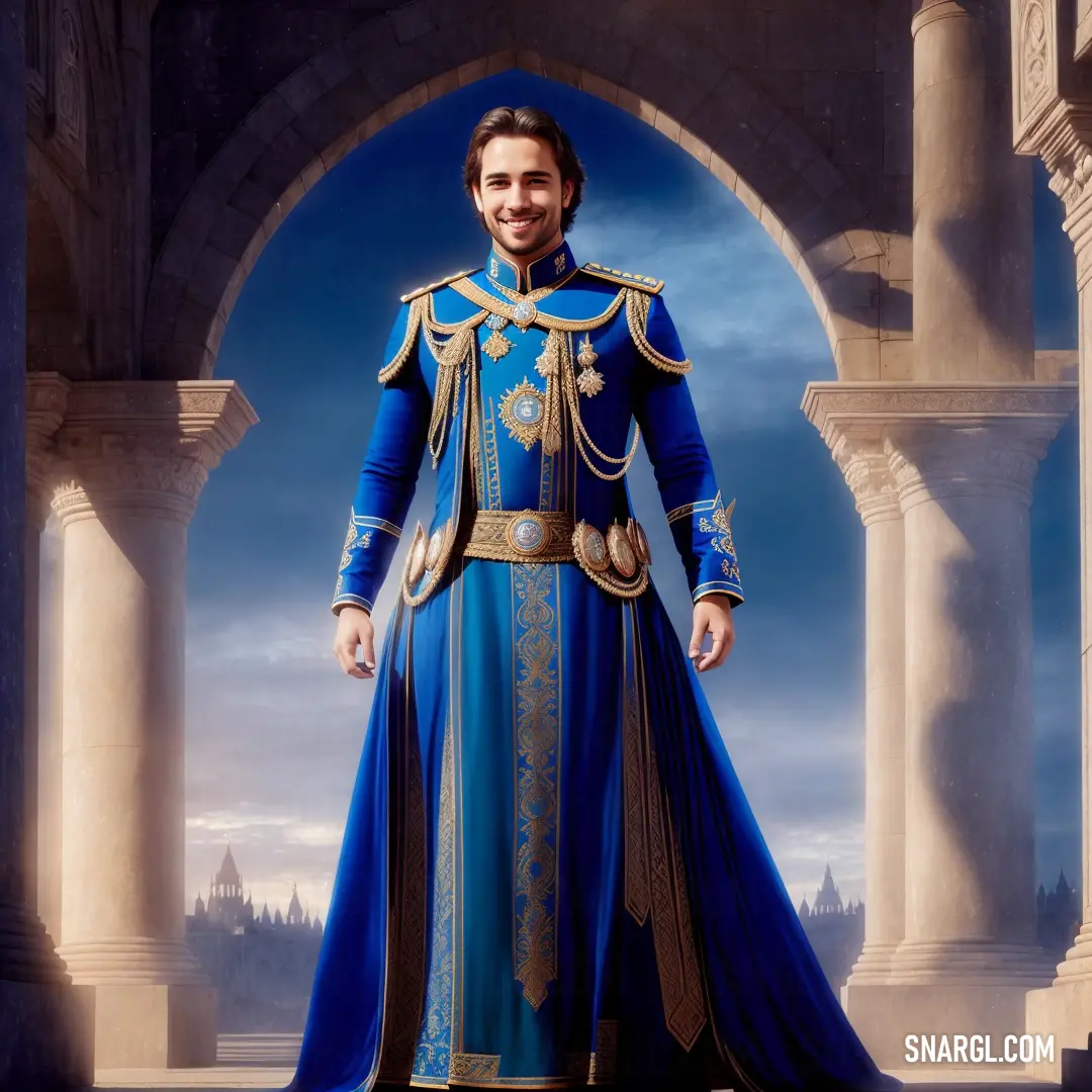 Man in a blue and gold costume standing in a doorway with columns and a castle in the background. Color Cobalt.