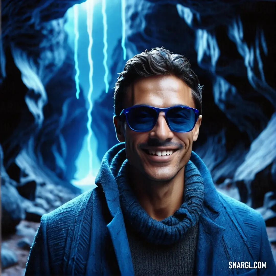 Man wearing sunglasses and a blue jacket in front of a waterfall with a waterfall in the background