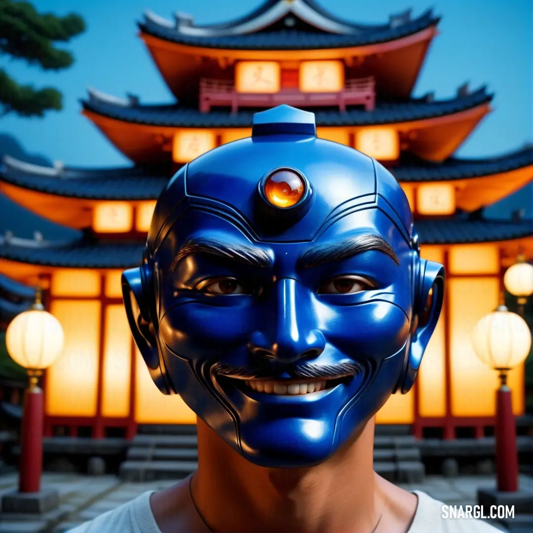 Man with a blue mask on in front of a building with lanterns on it and a lantern in the shape of a face. Example of RGB 0,71,171 color.