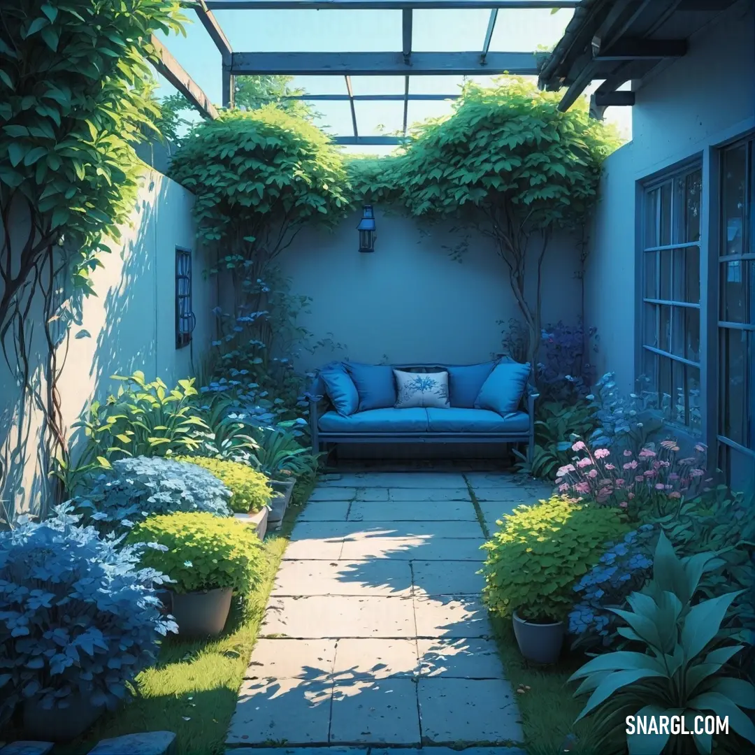 Patio with a couch and a lot of plants around it and a skylight above it and a blue couch in the middle. Example of CMYK 100,58,0,33 color.