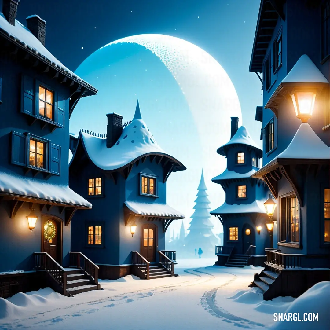 Cobalt color example: Snowy night with a full moon and a snowy town with a clock tower and a snow covered street