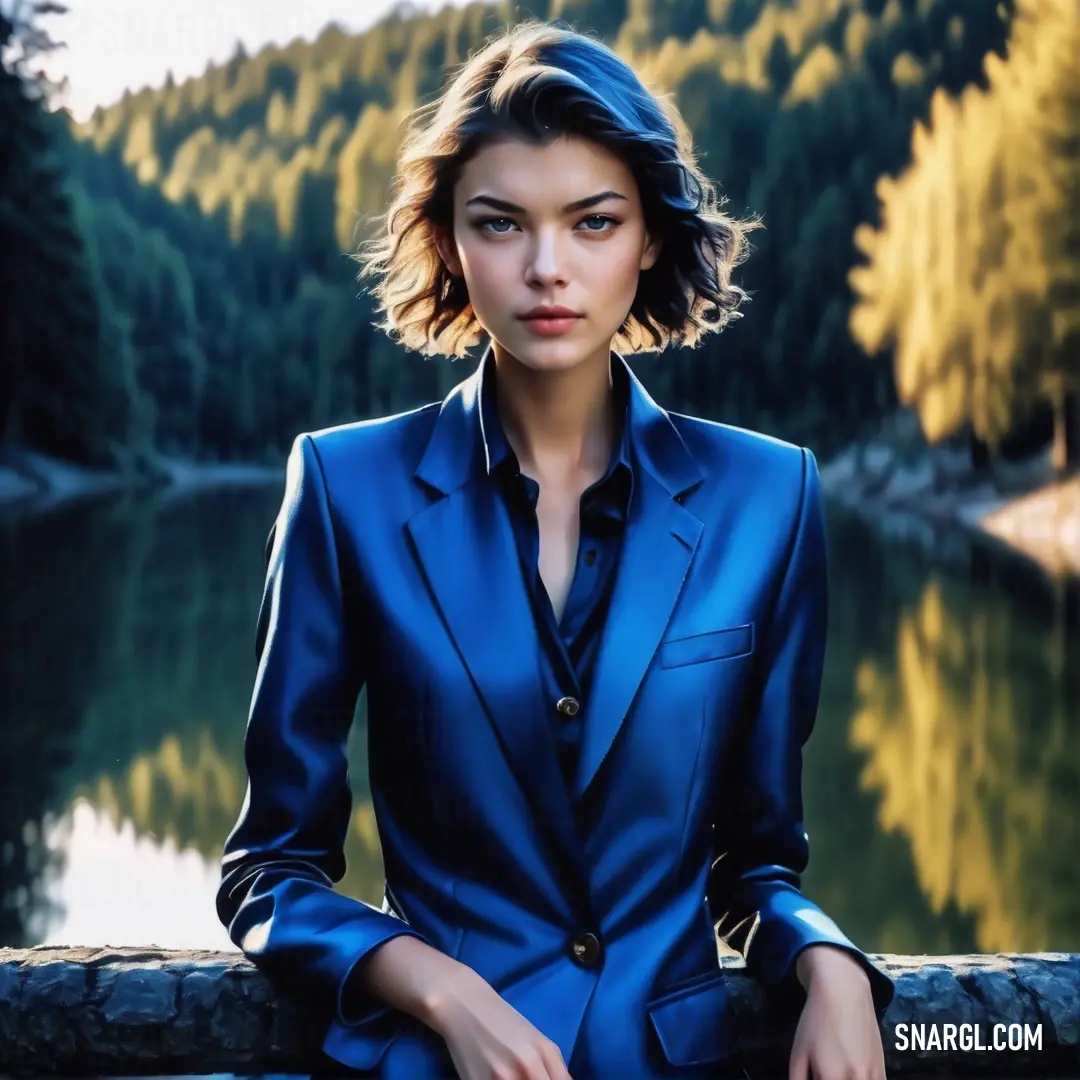 Woman in a blue suit on a ledge next to a lake and trees in the background. Color Cobalt.