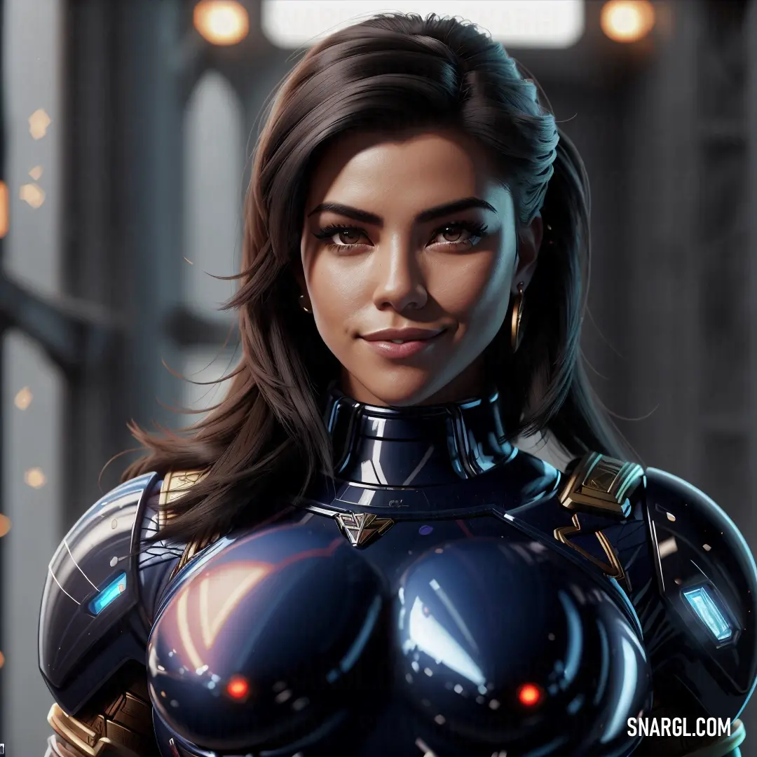 Woman in a futuristic suit with glowing eyes and a large breast is shown in a futuristic setting with lights
