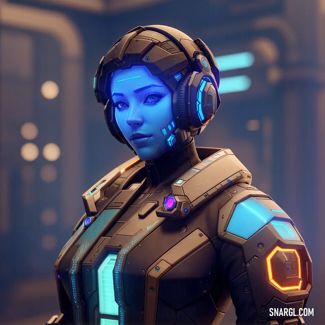 Woman in a futuristic suit with headphones on her head and a sci - fi