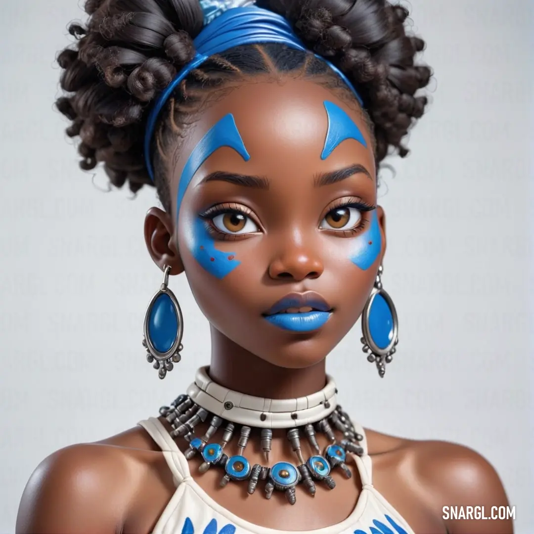 Woman with blue makeup and a necklace on her neck and earrings on her head. Example of CMYK 100,58,0,33 color.