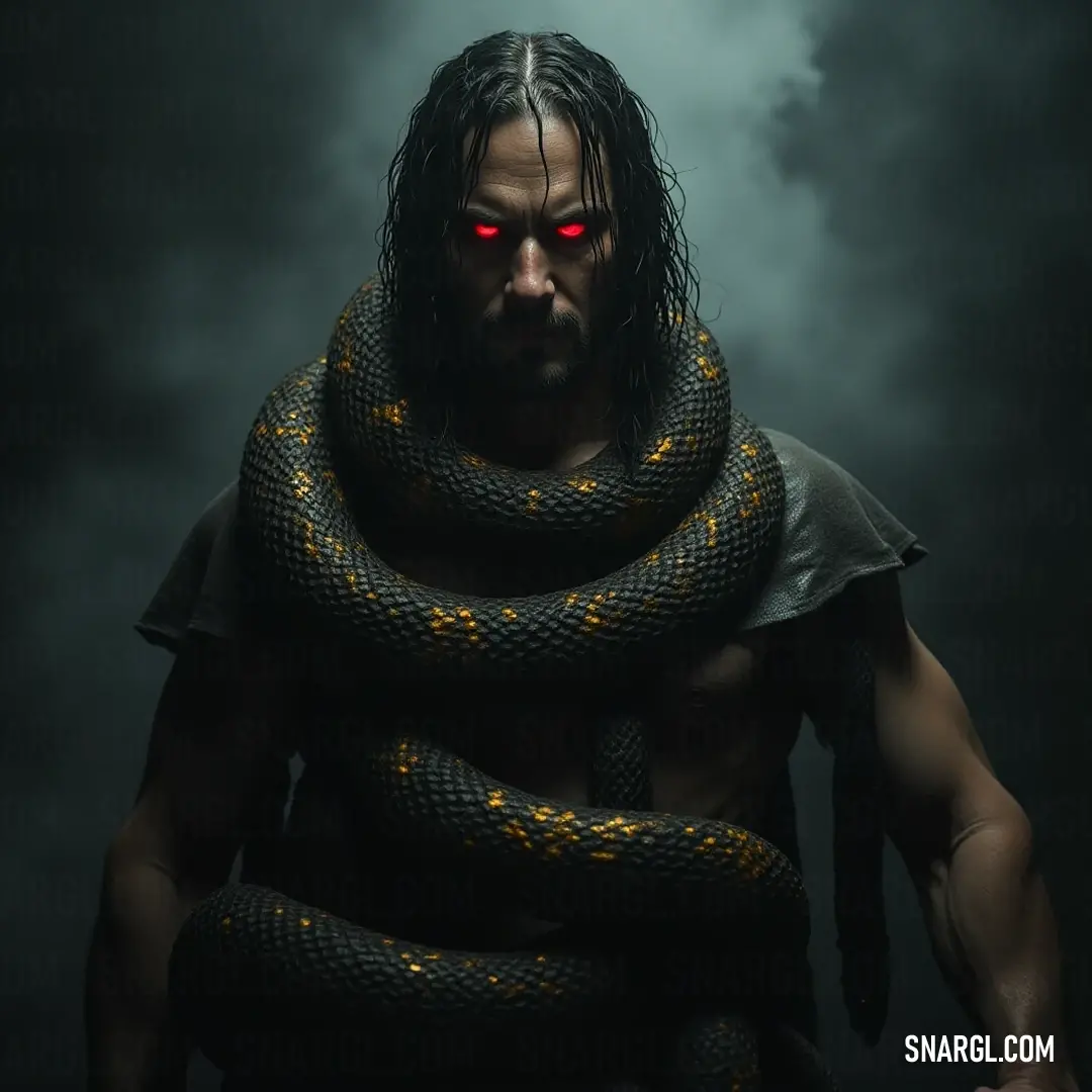 Cobra King shrouded in darkness, with glowing red eyes and a serpent adorning his neck, radiating enigmatic power. In a hauntingly dark setting, the Cobra King looms, a serpent wrapped around his neck and glowing red eyes piercing through the shadows, creating an aura of mystery and compelling power.