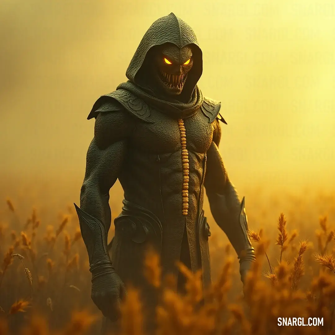 Mysterious Cobra King Emerges from a Golden Wheat Field The enigmatic Cobra King, clad in a striking hooded suit, stands proudly in a field of golden wheat, its glowing face hinting at hidden powers while casting a watchful gaze over the surrounding landscape.